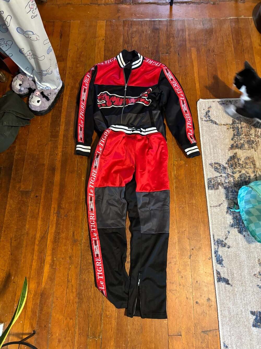 Le Tigre Colorblock Tracksuit Jacket and Pants Set Red Black Grey Size S